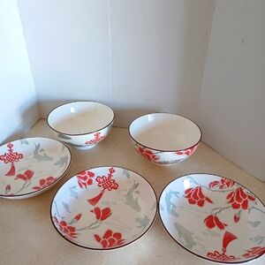 5pc Koifish & Floral Pattern Chinese Porcelain Plates and Bowls by Cheng's